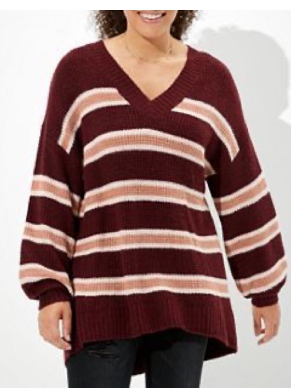 American Eagle Striped burgundy dream spun v neck sweater